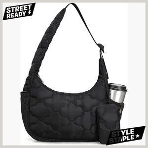 Small Puffer Crescent Shoulder Bag Quilted Nylon Mini Everyday Purse